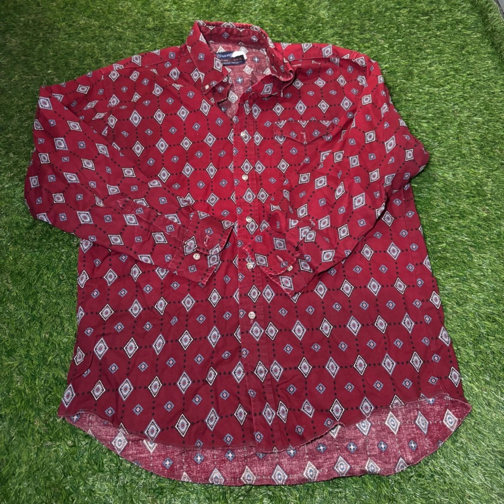 Wrangler Western Shirt Mens XL Long Tails Red Geometric Diamond Button Down 0073